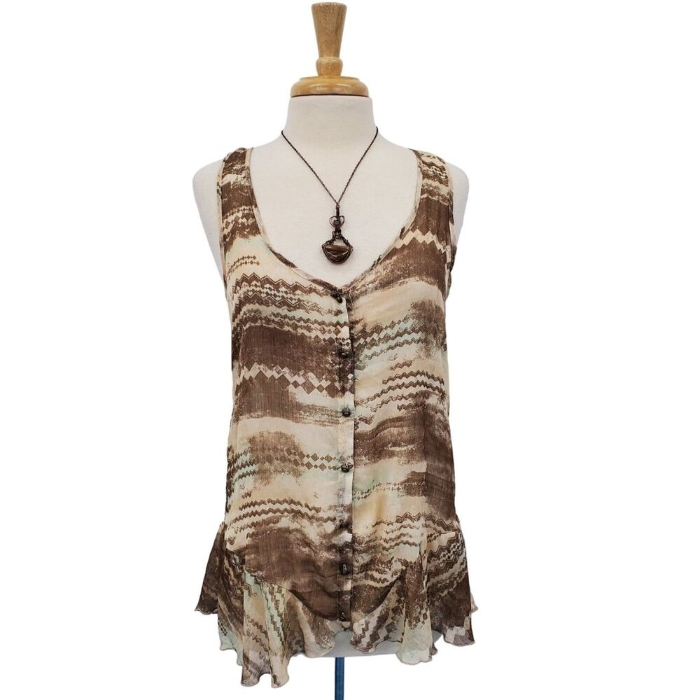 Maurices Brown Beige Zigzag Print Sheer Ruffle Hem Racerback Tank Top M Boho
